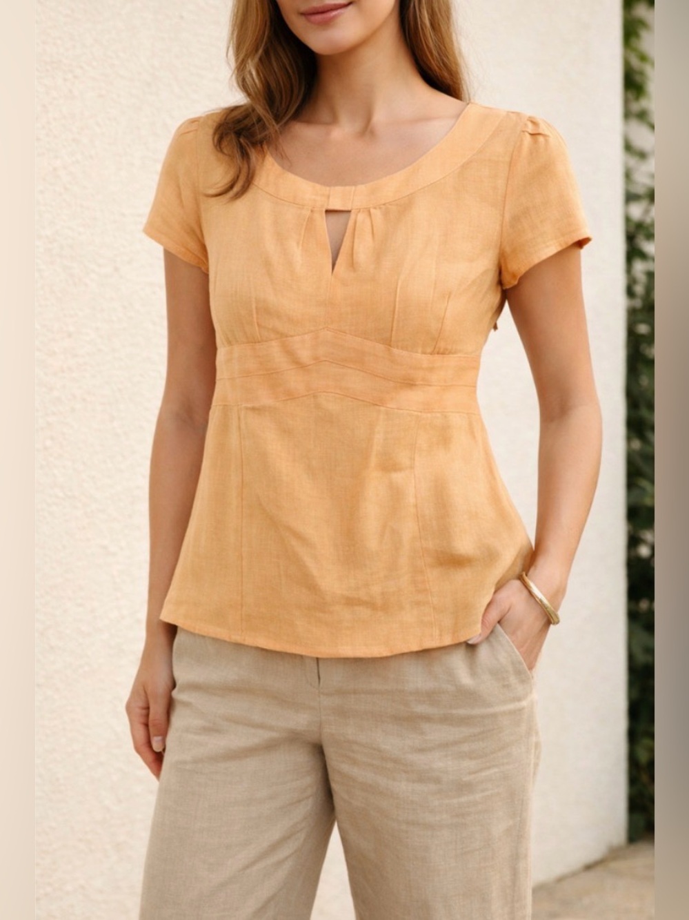 Edward Women’s Orange Linen Short Sleeve Top, Size Medium